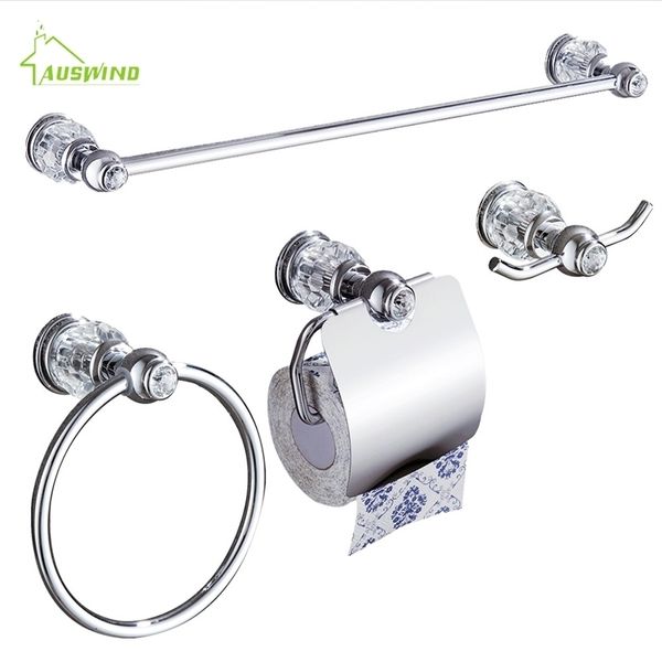 Conjunto de hardware de banheiro de latão de cristal cromado 4 peças Ring Towel Ring Ring -holder de papel do suporte para um Y200407