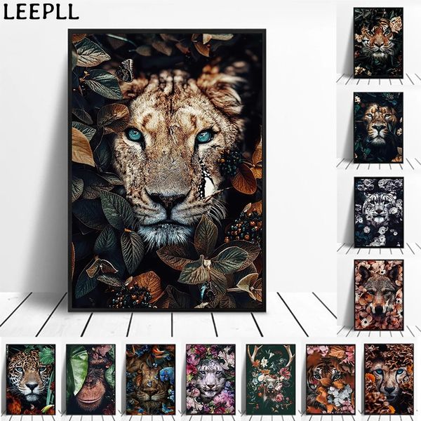 Animal in Flowers Canvas Pintura Arte da parede Lion Poster Tiger Elefante Elk Orangetan Picture Modern Classical Decorative Painting