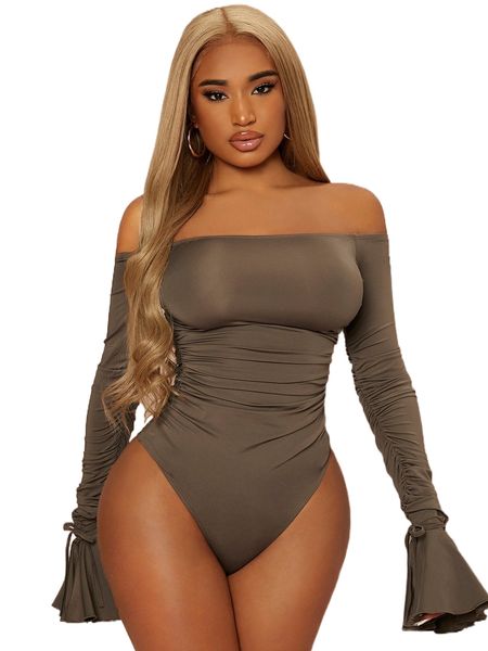 

sxy off shoulder flounce sleeve ruched bodysuit 34ye#, White