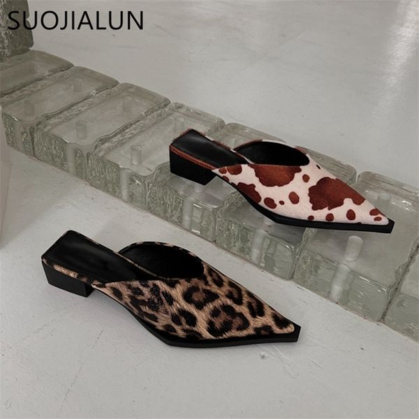 

suojialun summer women slipper pointed toe shallow slip on mules shoes ladies square low heel leopard slides big size 35-41 220429, Black
