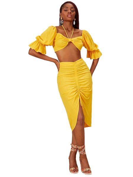 

newness flounce sleeve tie back crop & drawstring split thigh skirt f4u0#, White