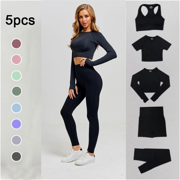 

seamless women yoga set workout gym long sleeve fitness crop high waist leggings sport clothing suits 220428, Gray