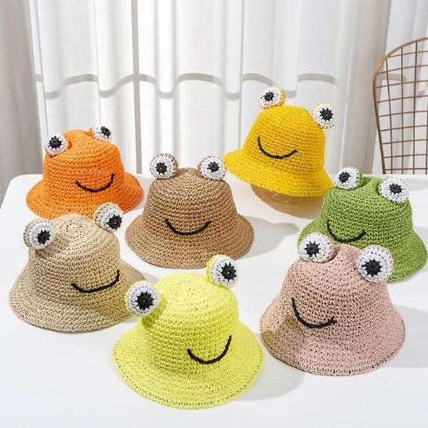 Chapéus de aba larga 2022 Capéu de palha artesanal bebê Fropo Cartoon Visor Cap Kid com pompon fofo chur22