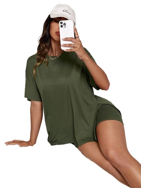 

drop shoulder split hem tee & shorts lounge set i99y#, Black;red