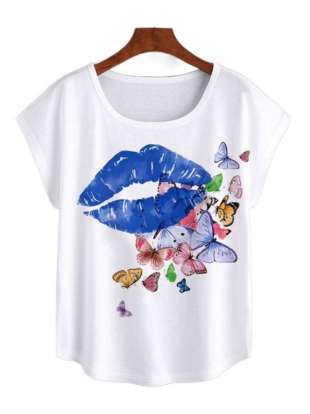 

lip & butterfly print tee f798#, White