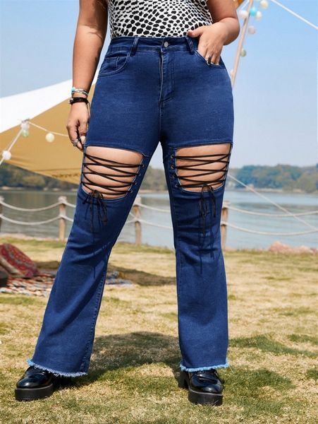 

plus cut out lace up front raw trim flare leg jeans f2qe#, Blue
