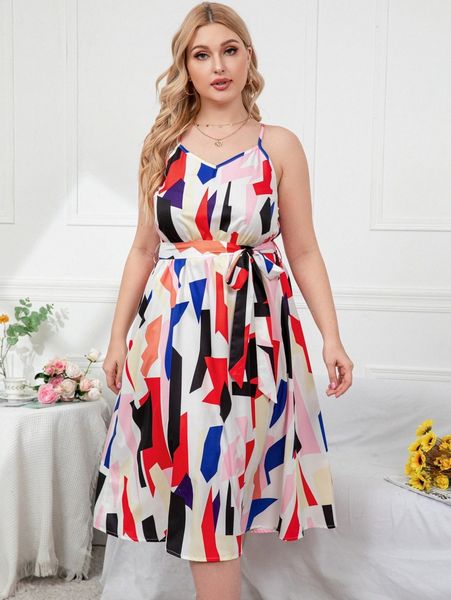 

plus geo print belted cami dress o3yf#, Black