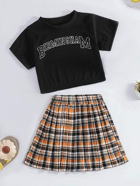 

toddler girls letter graphic tee & tartan pleated skirt she, White