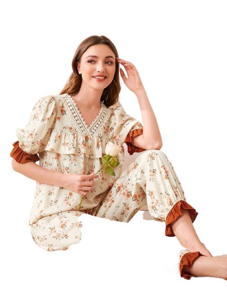 

floral print puff sleeve contrast guipure lace ruffle trim pj set k3hx#, Black;red