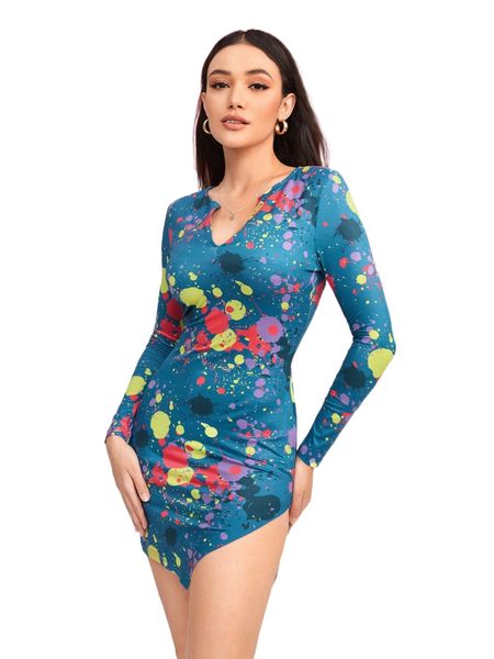 

x lee chester splash ink print notched neckline split hem dress p3rj#, Black;gray
