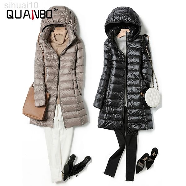 

2022 women spring jacket ultralight thin packable down long jacket female hat detachable slim fit skirt coat portable outwear l220730, Black