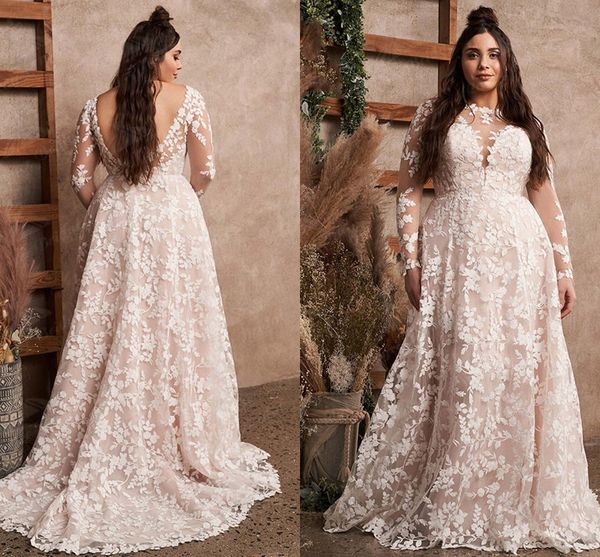 

plus size champagne lining wedding dresses with long sleeve 2022 full lace floral backless bohemian beach bridal gown, White