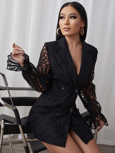 

sxy flounce sleeve double breasted lace blazer dress 36qx#, White