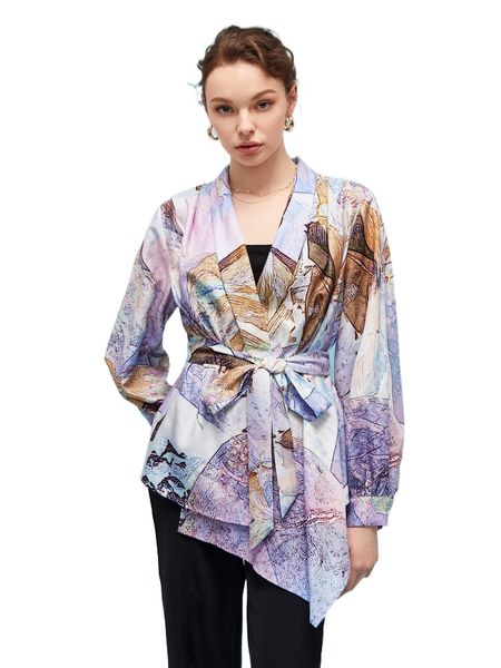 

x chanda redux allover print shawl collar asymmetrical hem belted blouse p3ul#, White