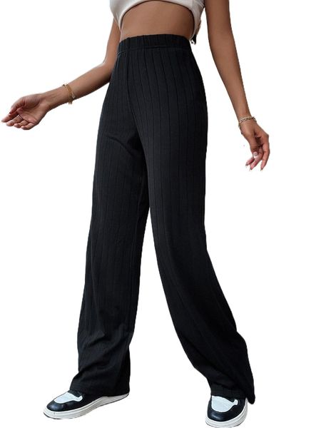 

high waist ribbed knit wide leg pants p1mb#, Black;white