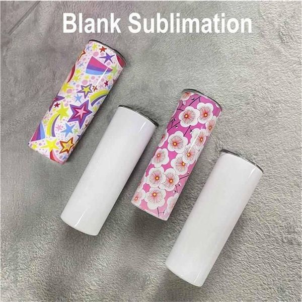 US Stock 50pcs / Carton Tazze Sublimazione Blanks Bicchiere dritto Bicchiere da acqua sottile da 20 once in acciaio inossidabile a doppia parete isolato con coperchio e cannuccia