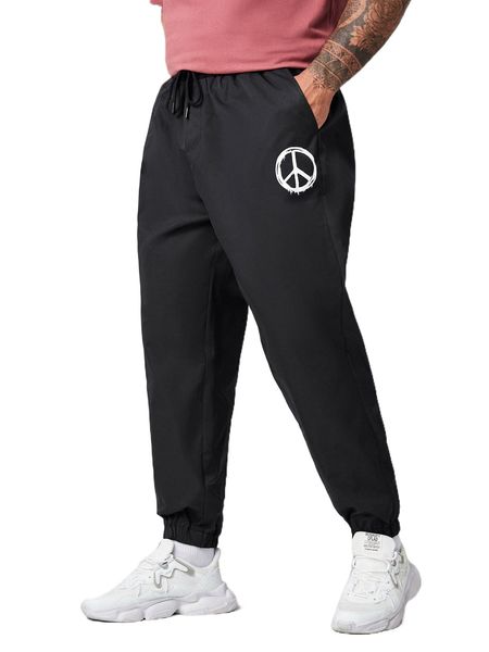 

extended sizes men graphic print drawstring waist pants h4lk#, Black
