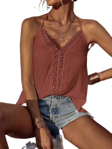 

guipure lace panel backless halter l3f2#, White