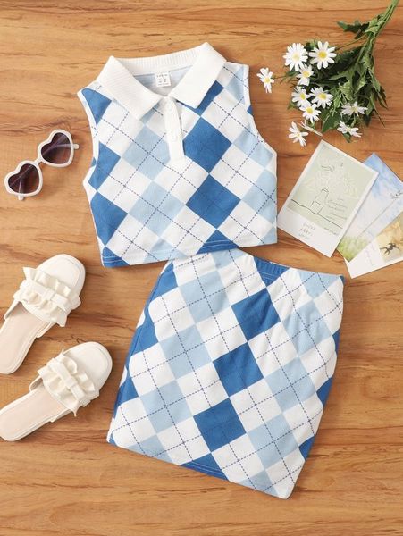 

girls argyle print polo neck tank & skirt she, White