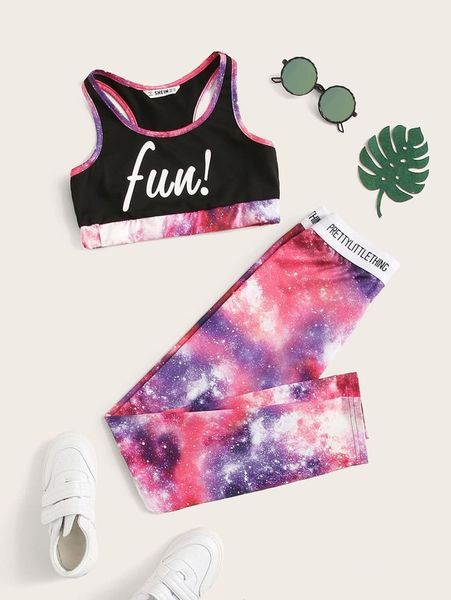 

girls letter graphic contrast binding galaxy tank & leggings set she, White