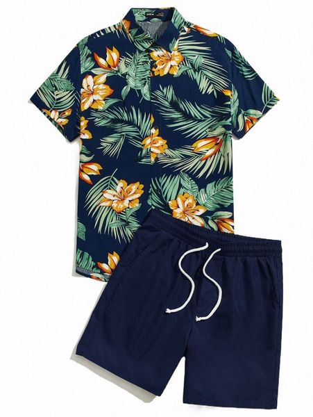 

men tropical print shirt & drawstring waist shorts y5bf#, Gray