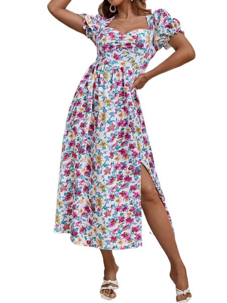 

floral print ruched puff sleeve split thigh dress z7nr#, Black;gray