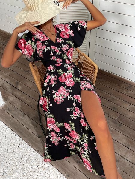 

floral print wrap belted dress x6gg#, Black;gray