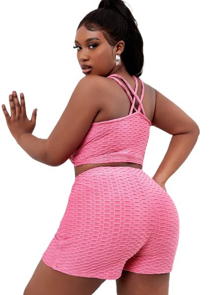 

plus honeycomb textured crisscross back crop cami & biker shorts l7jb#, Black