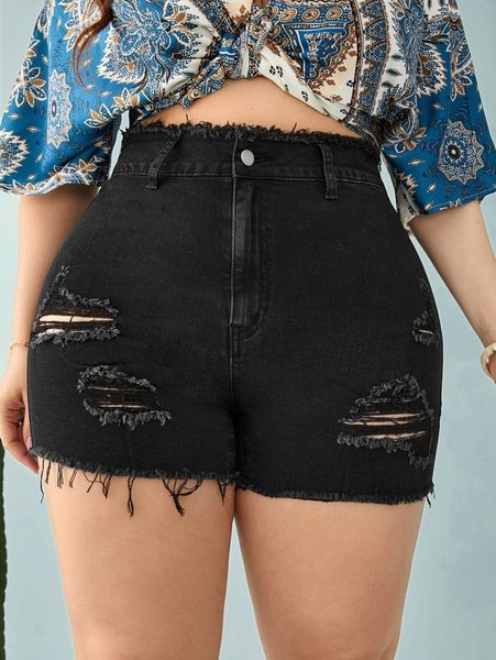 

plus ripped raw hem denim shorts y9fm#, White;black