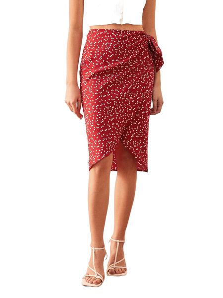 

confetti heart print wrap knot side skirt s1e8#, Black