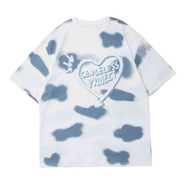 

t shirts hip hop streetwear men tie dye hart print short mouw t-shirts katoen harajuku casual te shirts losse, White;black
