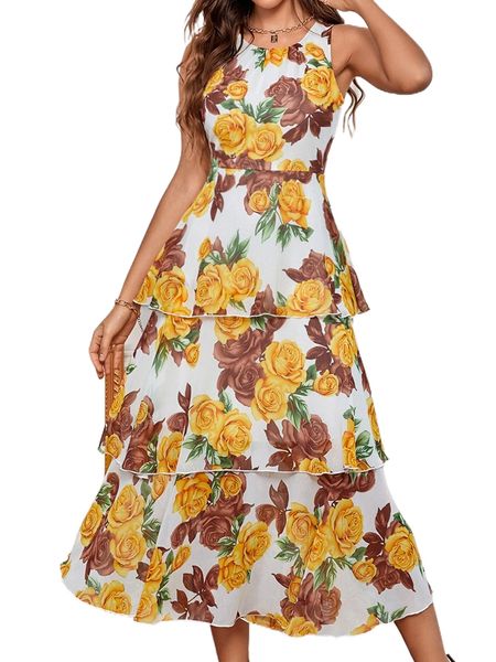 

floral print layered hem chiffon dress n1ox#, Black;gray