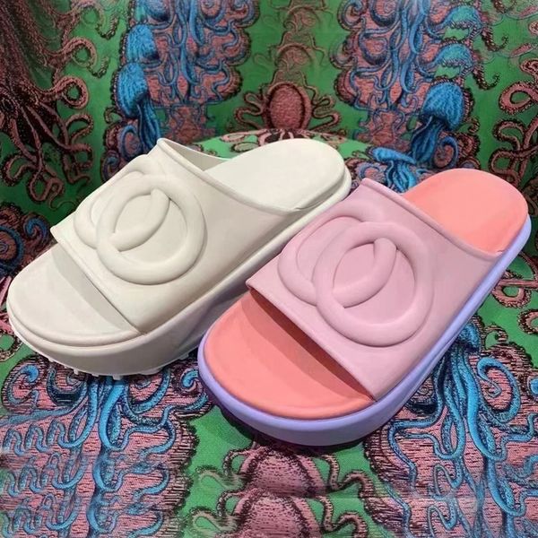 

beach slippers fashion thick bottom designer shoe soft cowhide alphabet women shoes lady platform sandals leather heels letter slides cartoo, Black