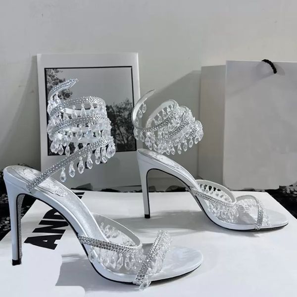 Sandali da donna alla moda di alta qualità firmati strass cristallo pendente leggero anello per piedi intrecciati scarpe eleganti da donna flash argento suola in vera pelle con tacco alto
