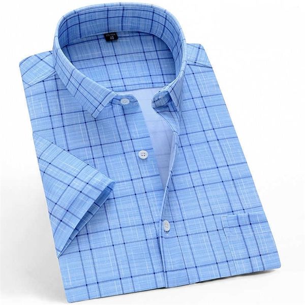 

summer short sleeve men casual shirts business regular fit stretch plaid shirt for mens checkered leisure foral comfortable 6xl 210701, White;black