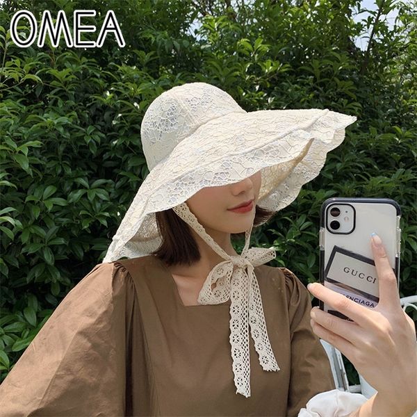 

omea straw hat women summer floral lace beach holiday sun visor strap adjustable wide brim floppy girl cap elegant 220427, Blue;gray