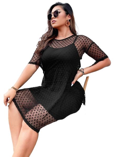 

plus polka dot drop shoulder high low 2 in 1 mesh dress e9zs#, Black