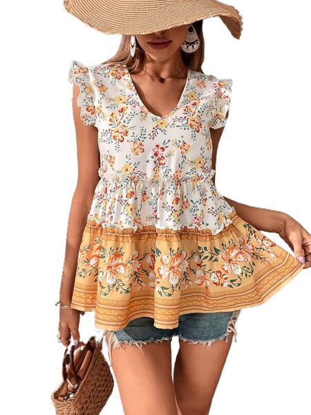 

floral print ruffle trim blouse x9eb#, White