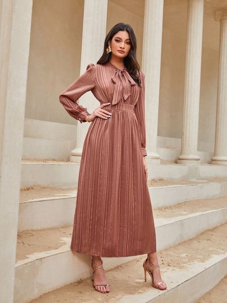 

tie neck puff sleeve dress h7al#, Black;gray