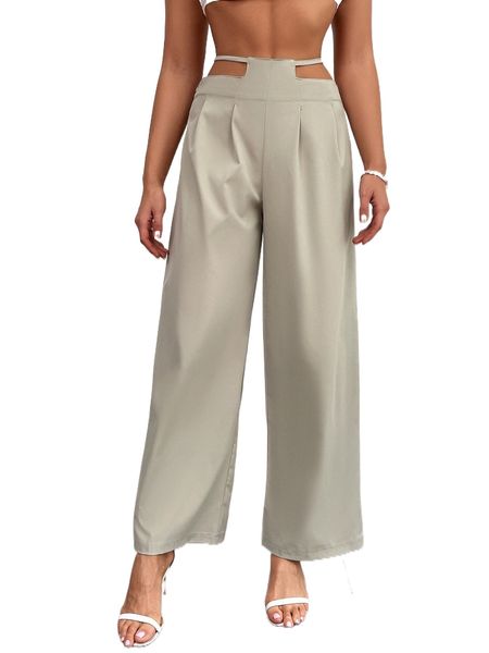 

cut out tie back solid pants s1c4#, Black;white