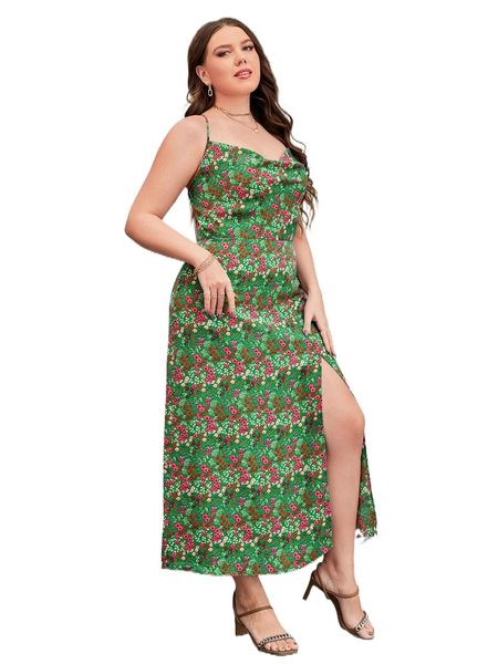 

plus ditsy floral draped split thigh cami dress k29x#, Black
