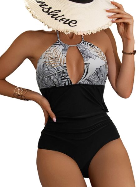 

tropical print ruched halter one piece swimsuit x09h#, White;black