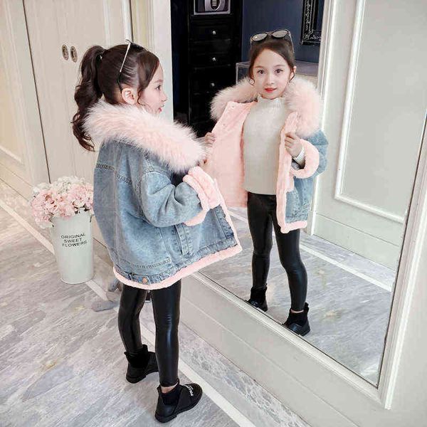 

patchwork bags velvet thick denim jacket for teen girls winter warm big fur hooded jeans jacket children bomber jackets teen j220718, Blue;gray
