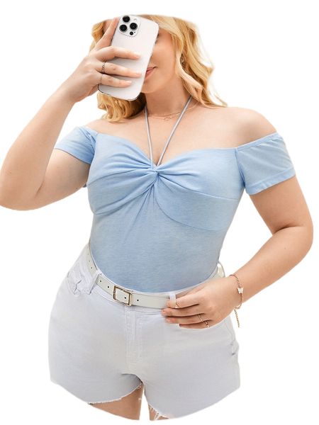 

plus twist halter off shoulder tee i807#, Black