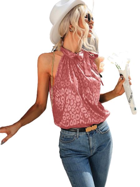 

leopard jacquard knot front satin blouse d2ck#, White