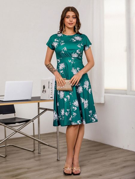 

floral print ruffle hem dress 75ei#, Black;gray
