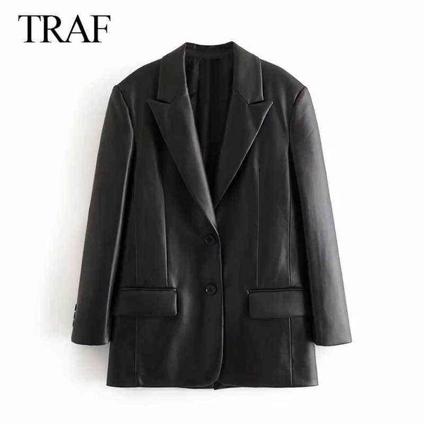 

traf women's 2021 fashion pockets long sleeve back vents female outerwear pu faux leather loose blazer coat vintage chic l220728, Black