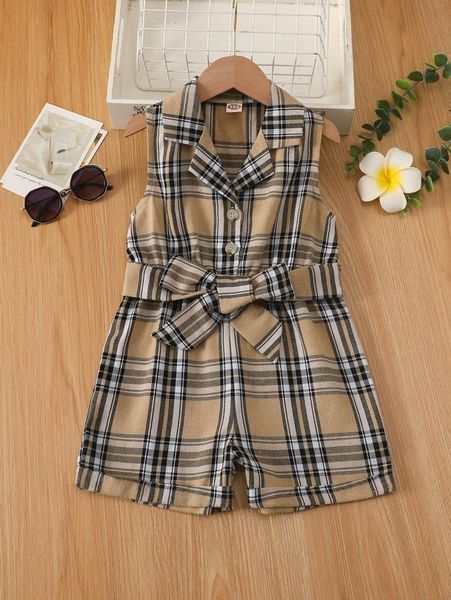 

toddler girls plaid belted sleeveless romper she, Blue