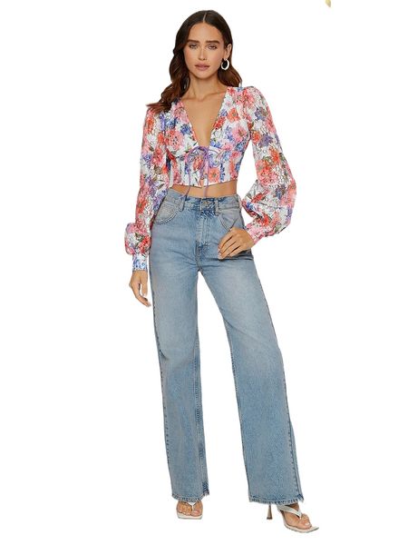 

allover floral print lace up front bishop sleeve lace blouse 53c1#, White