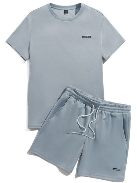 

men patch detail tee & drawstring waist shorts l93p#, Gray